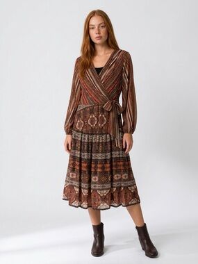 Robbie Bee brown and beige geometric and tribal print dress with tie waist Large